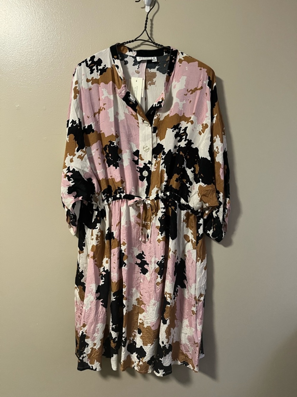 Masai Copenhagen Button Front Tie Waist Abstract Pink and Brown Dress Medium